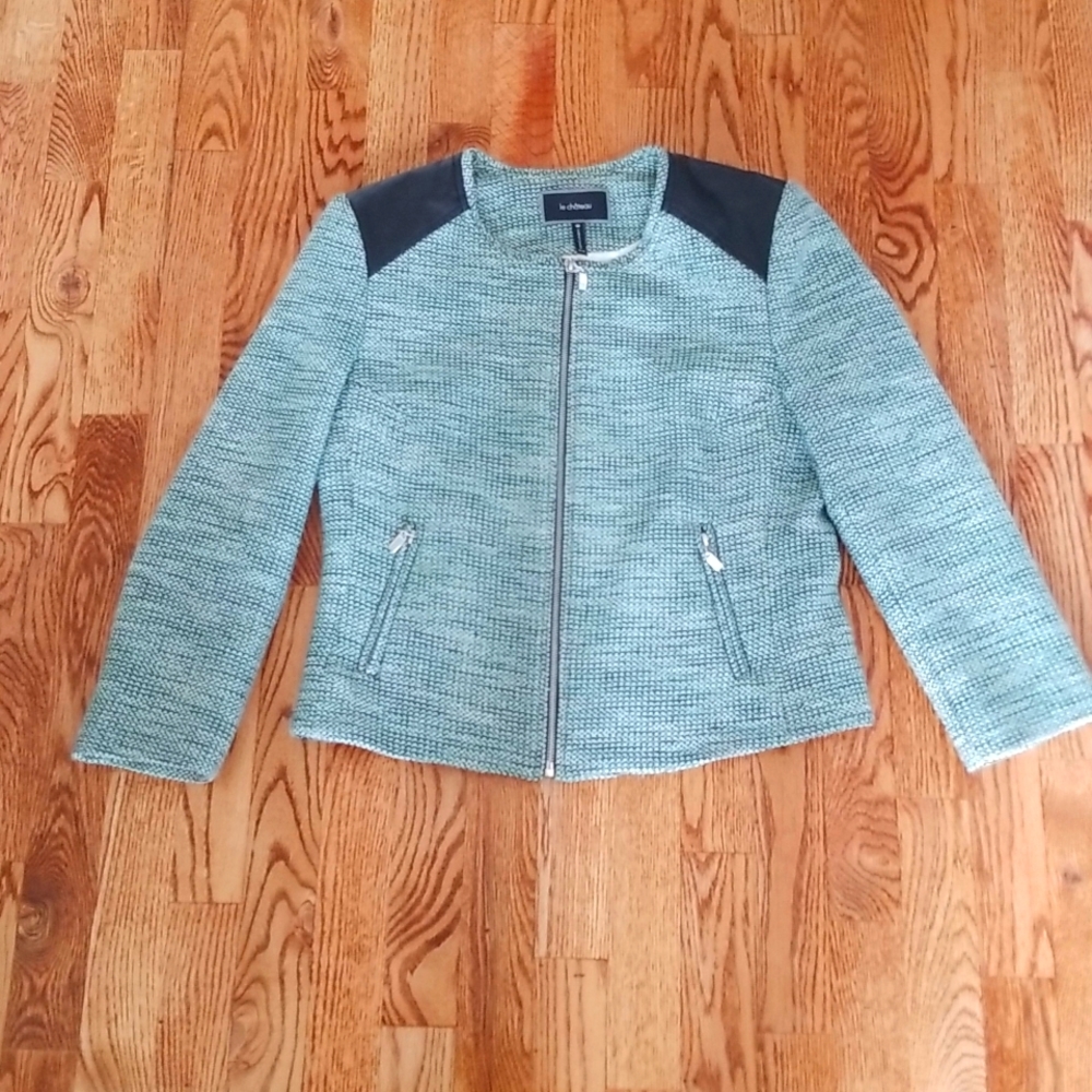 (M) Le Chateau Tweed Blazer with Faux Leather Shoulder Accents Full Zip Closure